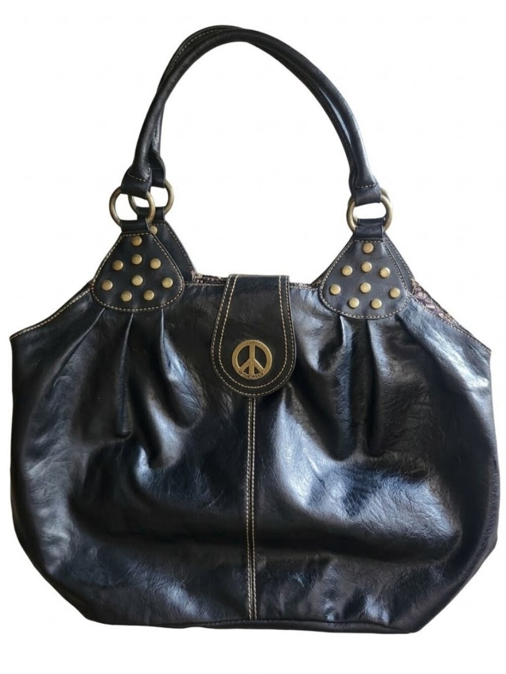 AXCESS Black Faux Leather Tote Bag with Peace Sign Emblem